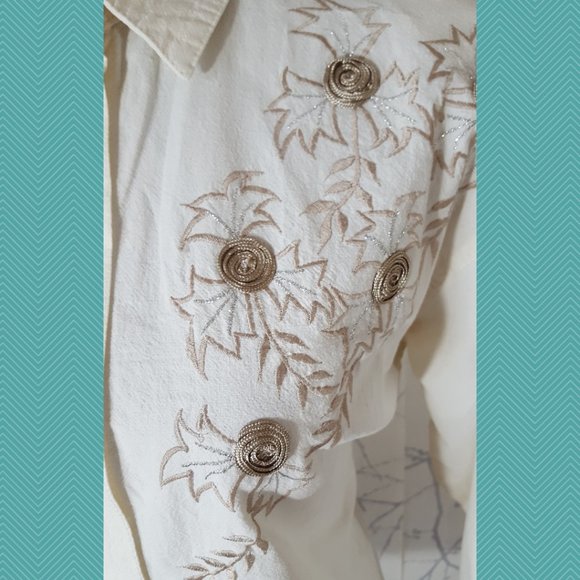Papillon Ivory Gold Floral Embroidered Button Front Shirt - Picture 2 of 4